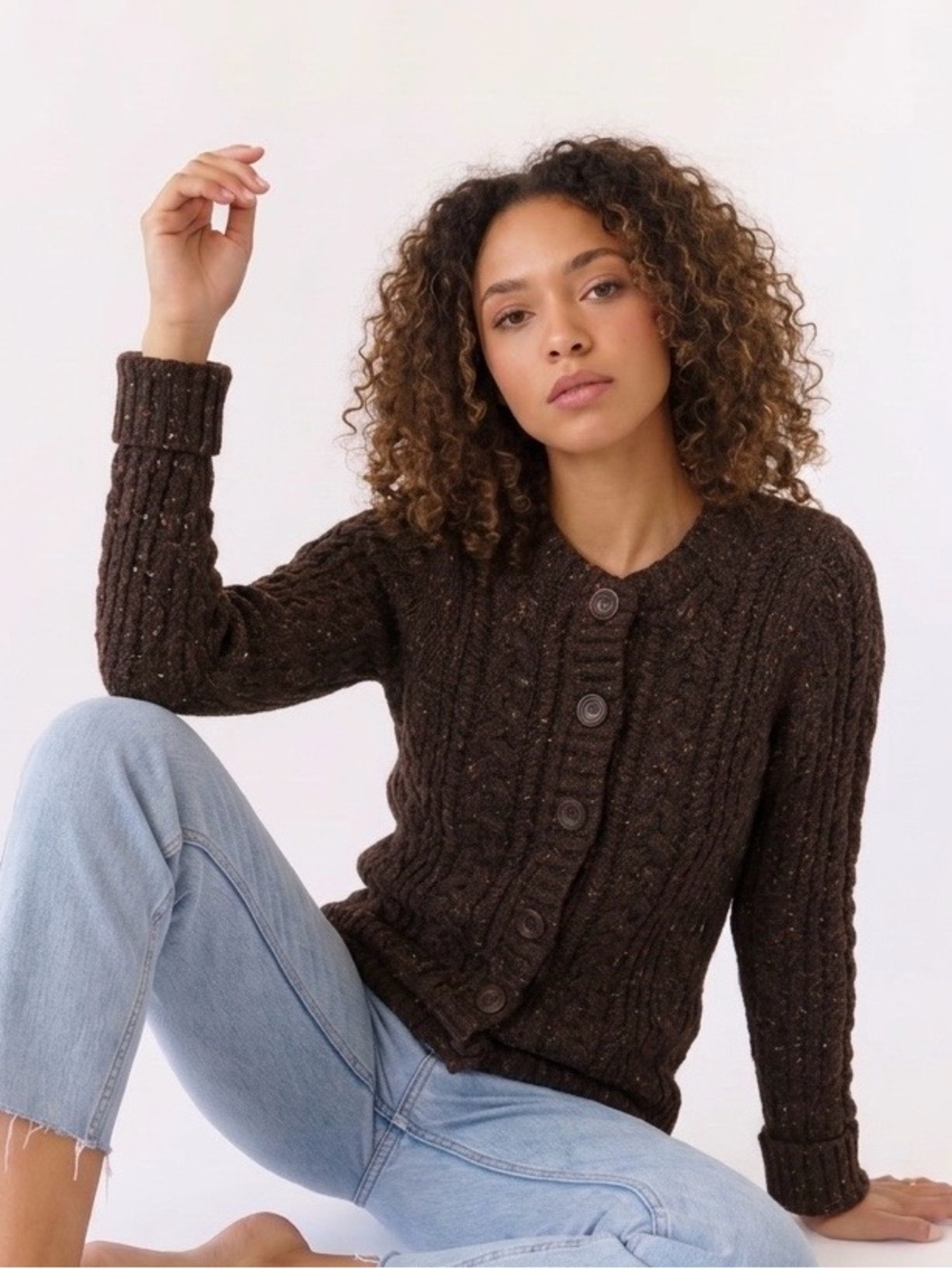 GAP Dark Brown Speckled Cable-Knit Crewneck Cardigan Sweater Size M